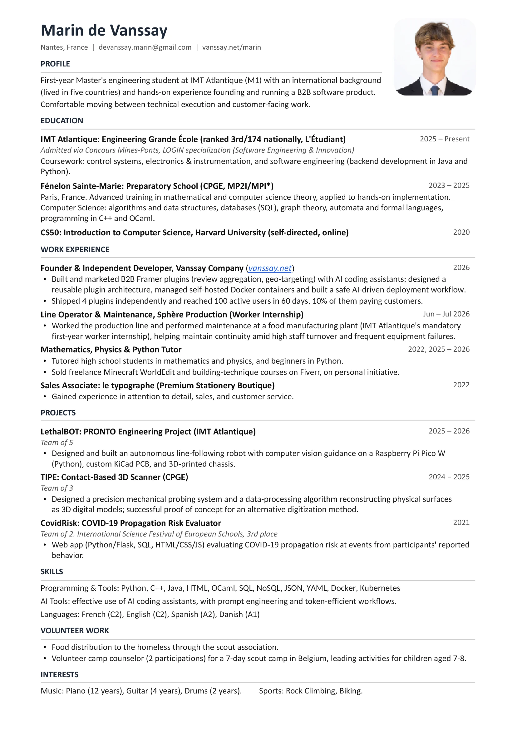 CV of Marin de Vanssay, one page