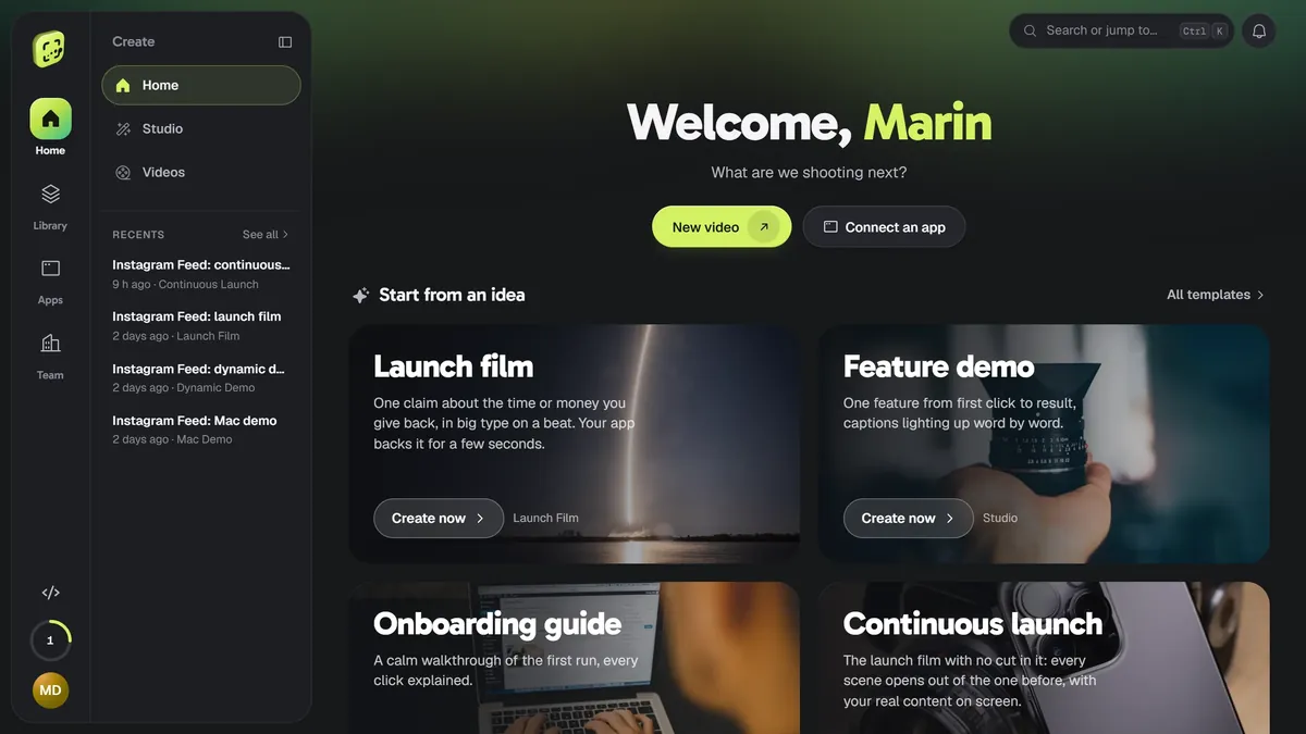 Framefly home screen with video templates