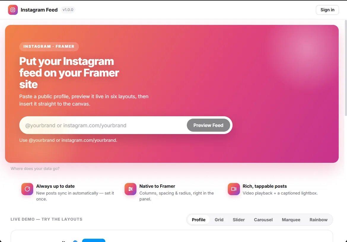 Instagram Feed plugin start screen
