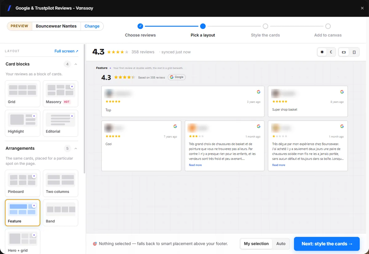 Reviews plugin layout step, previewing a shop's Google reviews in a Feature layout, reviewer names blurred