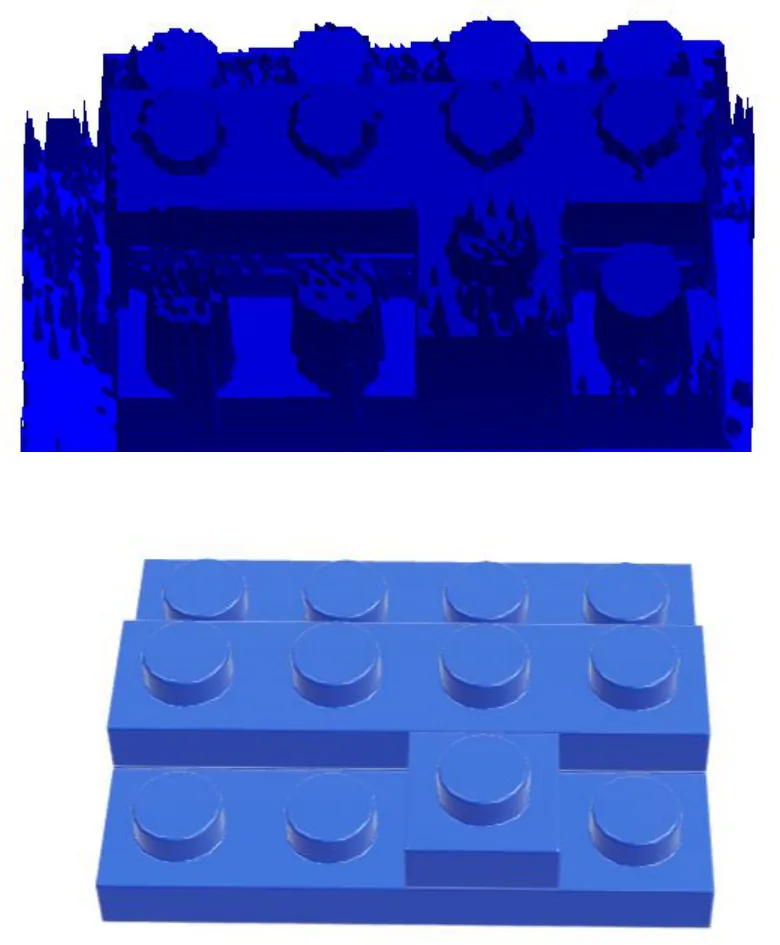 Scanned mesh of LEGO bricks above a 3D model of the same bricks