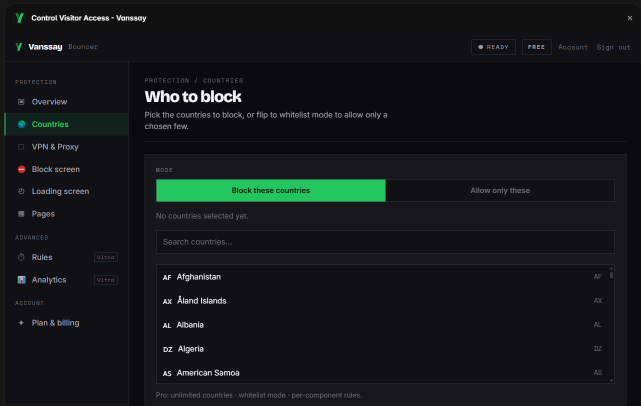 The Bouncer plugin's Countries panel in the Framer editor: a Block these countries / Allow only these toggle and a searchable country list