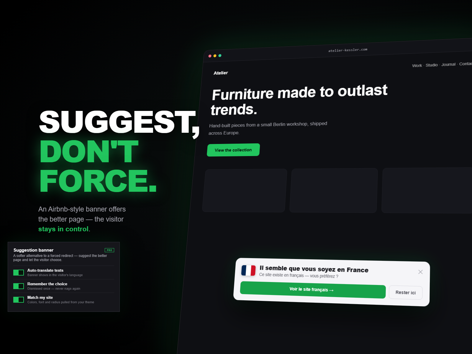 Router suggestion banner on a Framer site offering a French visitor the French version while letting them stay