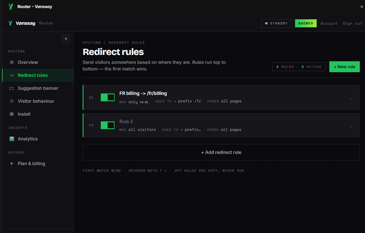 The Router plugin's Redirect rules panel in the Framer editor: an ordered list of rules with toggles, each matching a condition and sending visitors to a path, first match wins